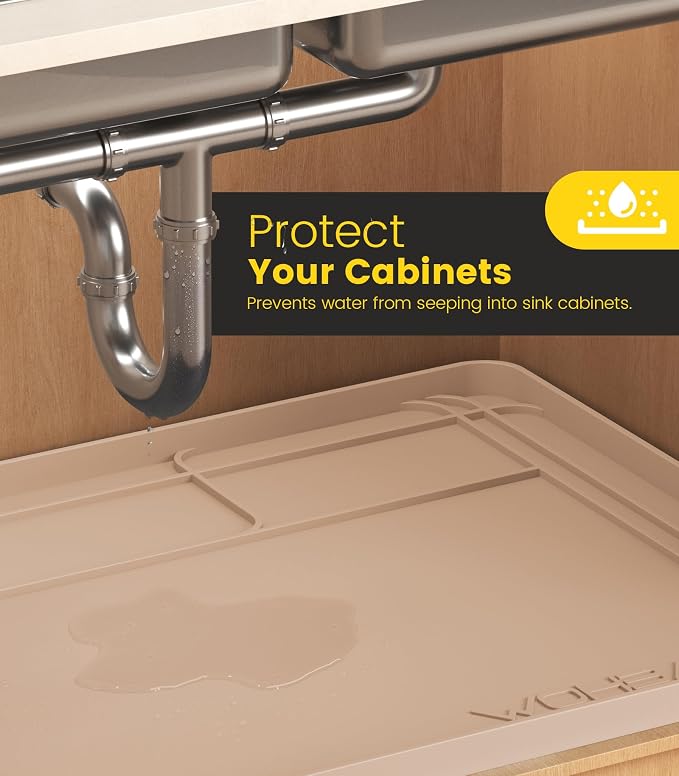 Under Sink Mats for Kitchen Waterproof 34"x22",Khaki | Cut to Fit Design for Various Sizes, Leak-Proof Cabinet Protection,Durable Silicone Material,Versatile Home Use