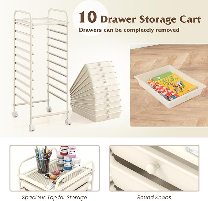 10 Drawer Rolling Storage Cart, Organization Cart on Drawers for Craft Makeup Paper Tool Art Supply, Versatile Utility Cart on Wheels for Home Office Classroom School (White)