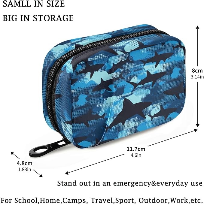 Fustylead Blue and Black Shark Camouflage Pattern Travel Pill Organizer Case Zipper for Purse with Removable Weekly Pill Box for Medicine, Vitamin, Supplement Medicine Organizer