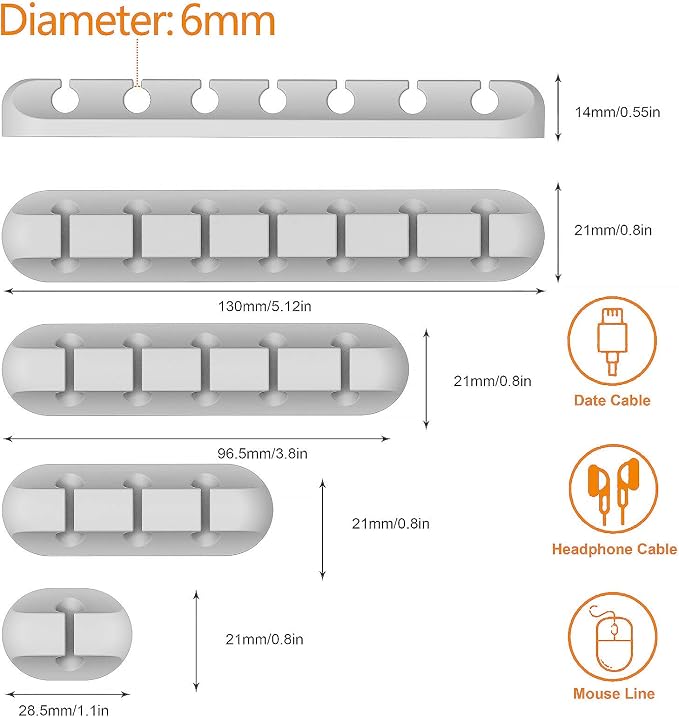 Desk Accessories for Charging Organizer - 5 Packs Grey Computer Desk Accessories and Adhesive Cord Organizer for Cable Holder Cleans Up Messy Wires at Home, Car and Office (7-5-3-1-1 Slots) | Silicone cable management clips self adhesive for nightstand...