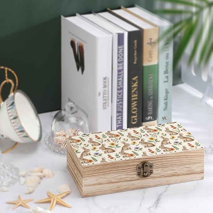 Wooden Keepsake Memory Box with Lid, Gift Organizer Case, Cute Rabbit | Bunnypattern Decorative Jewelry Storage Container, Birthday Party Favor Decor, 9.2x5.5x3.9 Inch