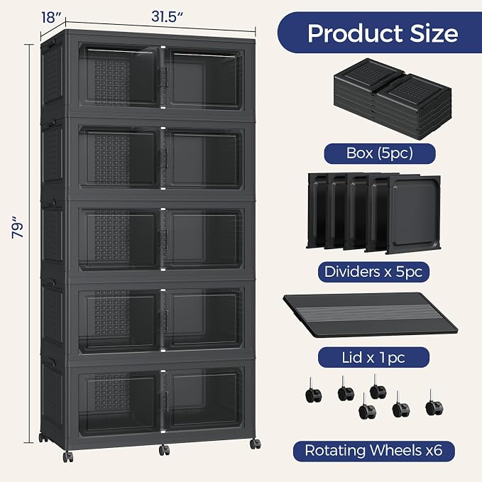 250Gal Stackable Storage Bins with Lid 5-Tier Collapsible Cabinet Closet Organizer Box with Wheels, 1000QT Large Plastic Drawer Container with Doors for Clothes Kitchen Organizing, Black