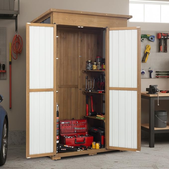 Ketive Outdoor Storage Cabinet, Large Wood & Metal Garden Shed with Foldable Table, Weather-Resistant Asphalt Roof, Lockable Doors & Adjustable Feet for Patio, Backyard, or Garage (47"L x 20"W x 70"H)