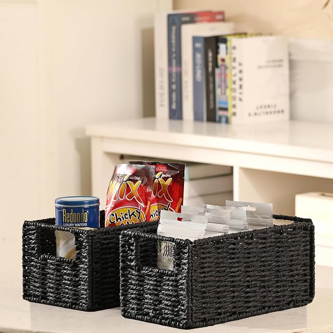 Vagusicc Wicker Storage Basket, Set of 2 Black Wicker Baskets for Bathroom | Hand-Woven Wicker Small Storage Baskets for Organizing Toilet Paper, Foldable Large Cube Storage Organizer Bin for Shelves