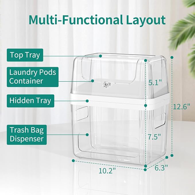 Delamu 2 Pack (XL+S) Trash Bag Dispenser + 3 In 1 Dishwasher Pod Holder | Clear Acrylic Organizer Bins for Under Sink Organization, Pantry Storage, Cabinet, Kitchen, Laundry, Bathroom
