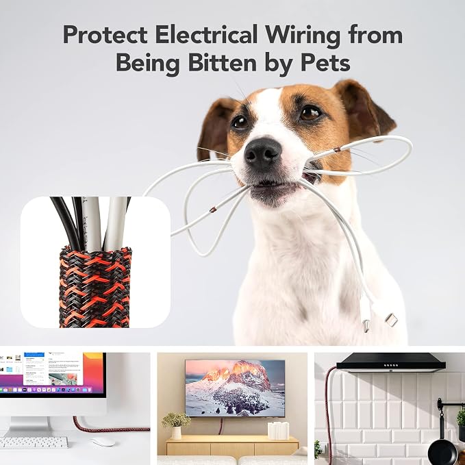 AGPTEK Cable Sleeve, 10ft - 1.2 inch Cable Management Cord Hider, BlackRed | Desk Cord Cover Organizer Wire Hider for Office Computer TV Wire Loom Tubing Pet-Proof Cord Protector from Cat Dog Chewing