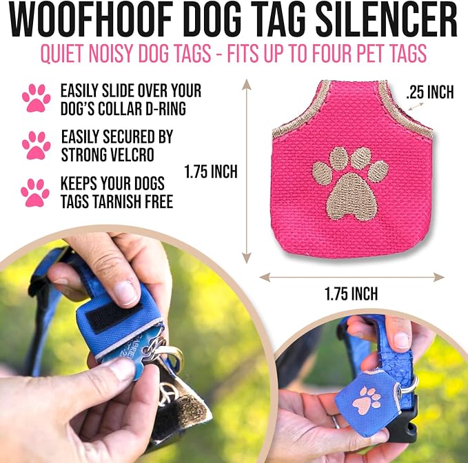 Woofhoof Dog Tag Silencer, Pink Pawprint - Quiet Noisy Pet Tags - Fits Up to Four Pet IDs - Dog Tag Cover Protects Metal Pets IDs, Made of Durable Nylon, Universal Fit, Machine Washable