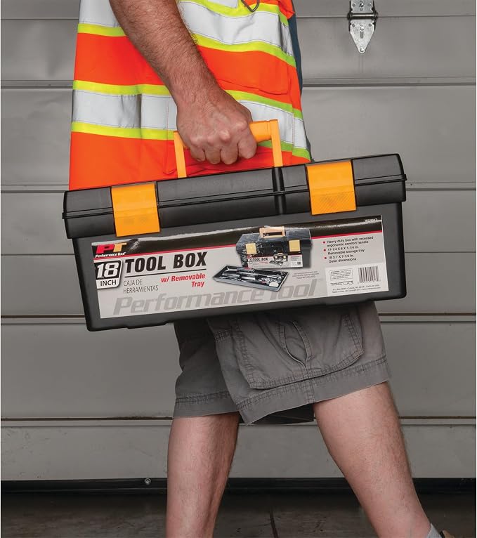 Performance Tool W54017 18-Inch Plastic Box with Handle, Tool Organizer Storage Box, Removable Inner Tray, Lightwieght & Easy to Carry | Heavy duty utility box. Recessed ergonomic comfort handle. Outer dimensions 18 x 7 x 7-1/2 inches