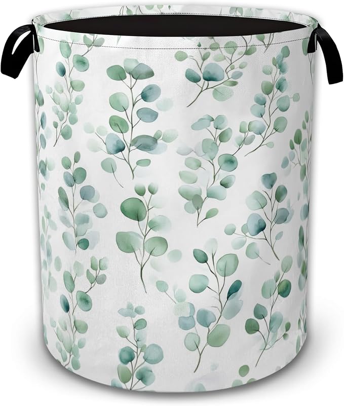 Laundry Hamper Foldable with Handles,Watercolor Eucalyptus Oxford Cloth Laundry Basket,Leaves Art Storage Organizer for Bathroom Bedroom Dorm 16"x20.8"
