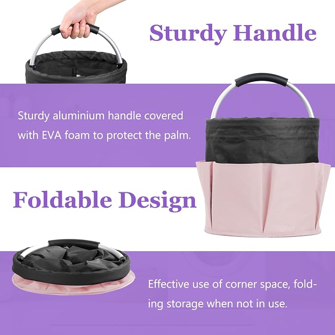 17L Cleaning Supply Caddy for Family, Portable Shower Caddy with Handle and 6 Pockets, Foldable Tool Bucket Organizer, Large Storage Basket for Camping, Gardening, Black with Pink