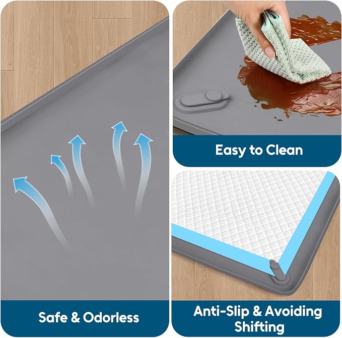 Pee Pad Holder for Small Dogs, 24" x 24" Dog Puppy Pee Pad Holder, Gray | Non-Slip Silicone Tray with 4 Magnetic Clips for Training, No Spill Raised Lip High Edge for Indoor Floor Protection
