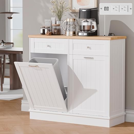 Betterhood Double Tilt Out Trash Cabinet with Power Outlet & USB, Hidden Garbage Can Holder with 2 Storage Drawers, Wooden Laundry Hamper for Kitchen, Bathroom, Living Room, White