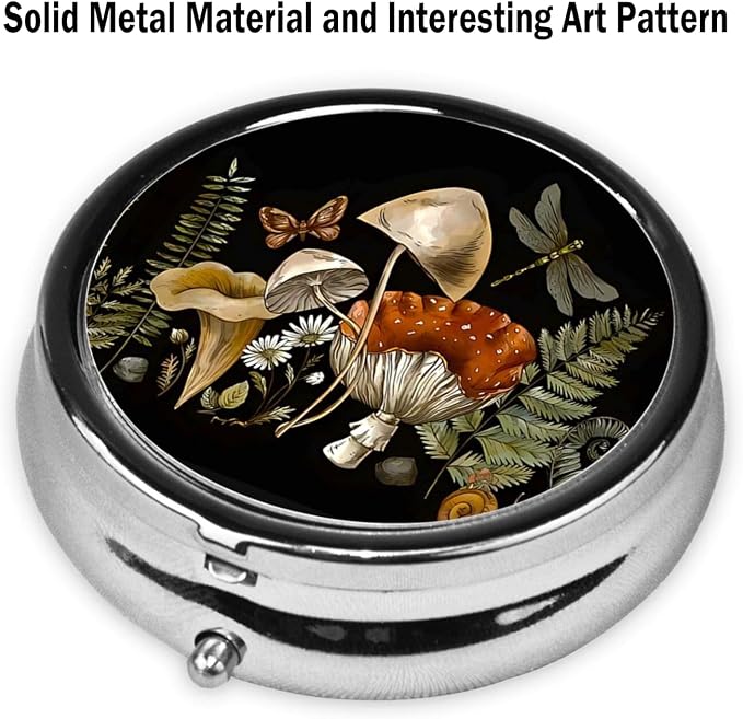Pill Box, Small Pill Organizer with 3 Compartments and Mirror, Cute Round Portable Travel Metal Pill Case for Pocket or Purse, Privacy-Protecting Medicine Box-Retro Mushroom