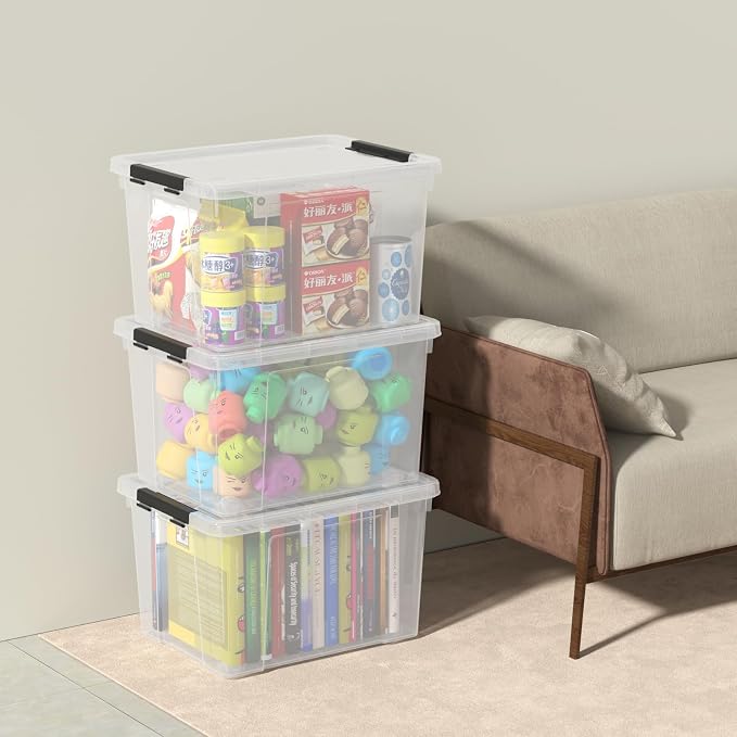 24 Quart Stackable Clear Latching Bin with Lid and Wheel, 6-Pack | Plastic Organization Boxes with Lids