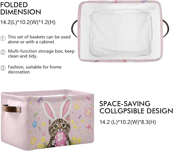 Pink Easter Bunny Rabbit Storage Basket with Waterproof Liner and PU Handles Happy Easter Day Eggs Lily Flowers Storage Bins Boxes 14.2" Collapsible Decorative Organizer Baskets for Closet 2 Pack