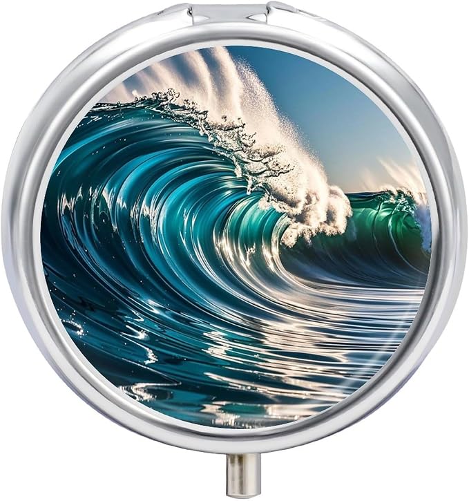 3 Compartment Medicine Pill Case, Ocean Waves Round Pill Box, Portable Decorative Medicine Organizer for Pocket Or Purse Vitamin Organize
