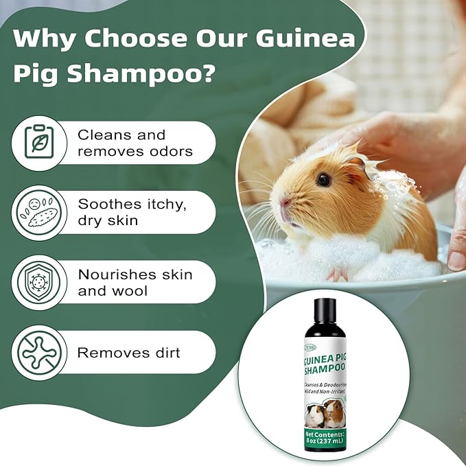 Guinea Pig Shampoo 8 oz - Naturally Effective Shine Skin & Coat Formula - NO Fragrance, Hypoallergenic, Relieves Dry, Itchy Skin, Eliminates Odors