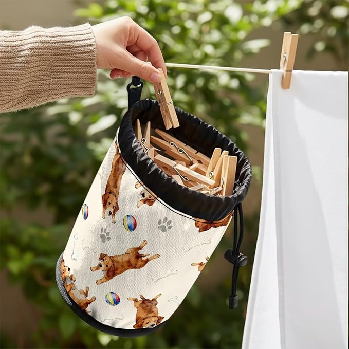 Clothespin Bag Organizer Drawstring, Puppy Pet Toy Laundry Peg Storage Pouch with Button Hanger, Portable Clips Holder for Drying Rack, Camping, Beach & Home