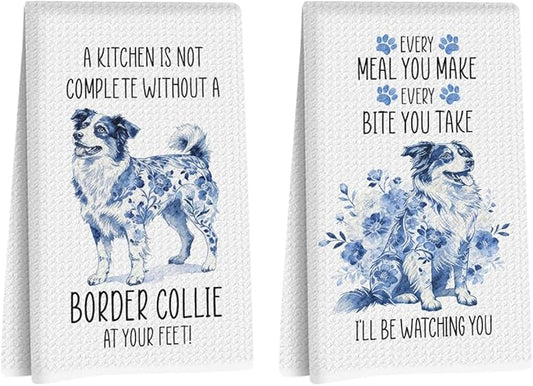 2 Pcs Chinoiserie Border Collie Kitchen Towels 24x14 Inch, Border Collie Gifts Reusable Dish Towels for Kitchen Decor, Blue and White Floral Waffle Weave Hand Towel, Funny Dog Gifts for Women Mom