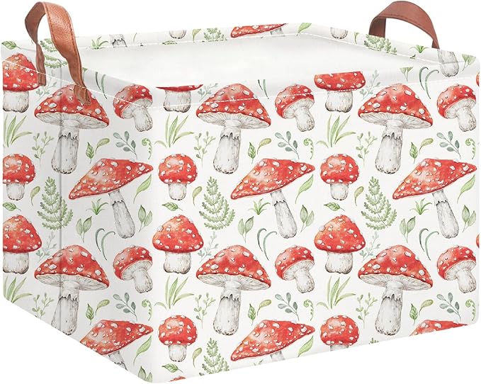 NTAOHAMPER Rectangular Storage Basket Empty,Storage Bin with Handles,Room Decor,Gift Basket,Book Box(Watercolor Mushroom)