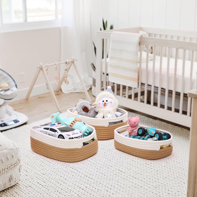 7 Piece Cotton Rope Woven Basket Set - Small Basket for Baby Nursery, Pets, Montessori, Dog & Cat Toy Boxes, Bathroom Organization Bins (White/Jute)