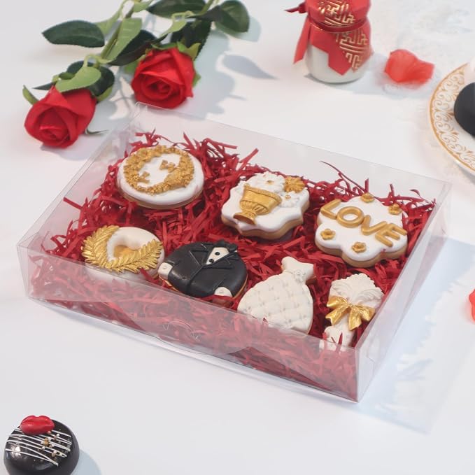 RomanticBaking 50PCS 10x7x2 inches Clear Cookie Boxes Strawberry Boxes | Bakery Boxes Macaron Boxes Gift Boxes Treat Boxes for Party Favors