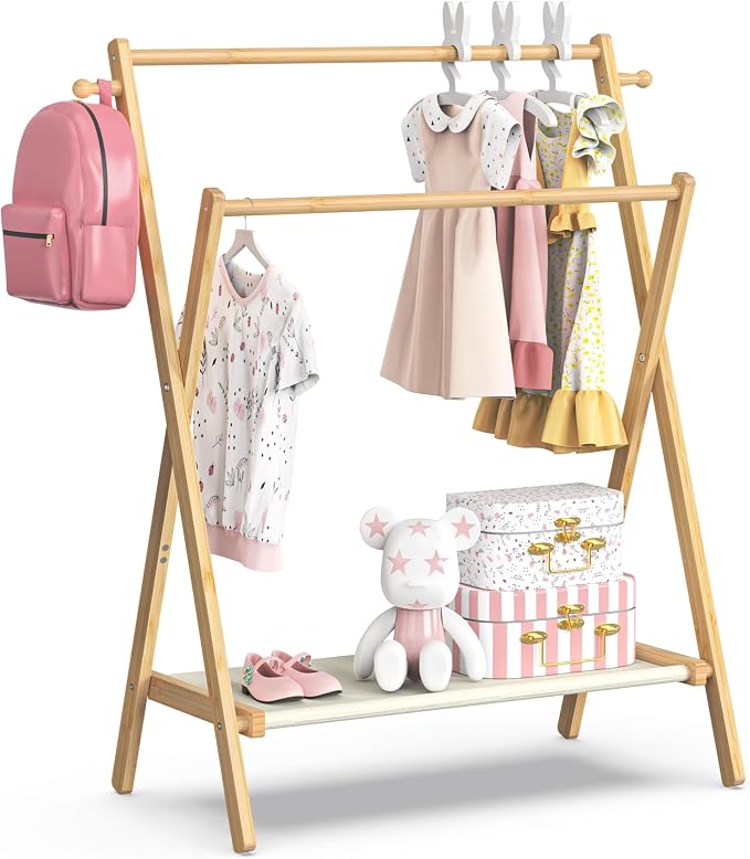 BAMBOOHOMIE Kids Clothing Rack, Small Clothes Rack for Toddler Pets, Kids Dress Up Rack with Storage Shelf & Double Rods, Foldable Kids Clothes Rack for Nursery Child's Room (Regular Size)