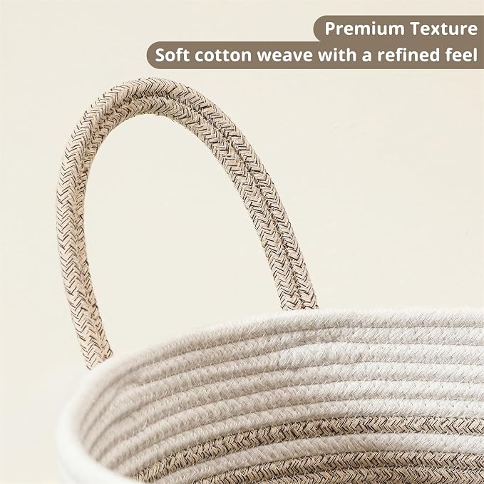 60L Large Woven Laundry Basket Hamper, 100% Natural Cotton Rope, Handwoven & Durable, Storage for Blankets, Toys, Clothes, Nursery Hamper for Living Room, Baby Room (Brown with White)