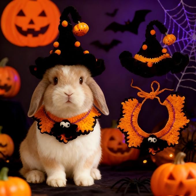 Halloween Pet Costume,Spider & Black Witch Hat for Rabbits,Cats and Small Sized Dogs,Hand-Knit Festive Halloween-Themed Cat Apparel,Dog Halloween Outfits,Cat Witch Costume