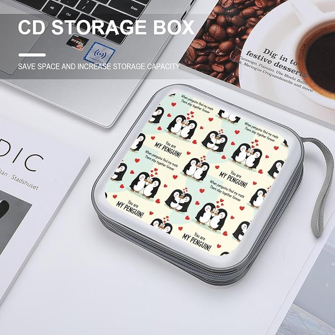 40-Disc CD/DVD Organizer Wallet You Are My Penguin, Heavy-Duty Hard Plastic Binder, Portable Storage Case with Carry Strap for Car