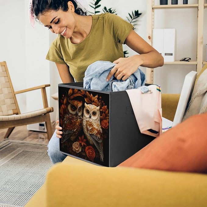 Owl Foldable Storage Bins, 10.6" Cube Storage Organizer, Sturdy Oxford Cloth Fabric Baskets for Closet, Shelf, Nursery, Bedroom, Decorative Printed Box for Toys & Clothes