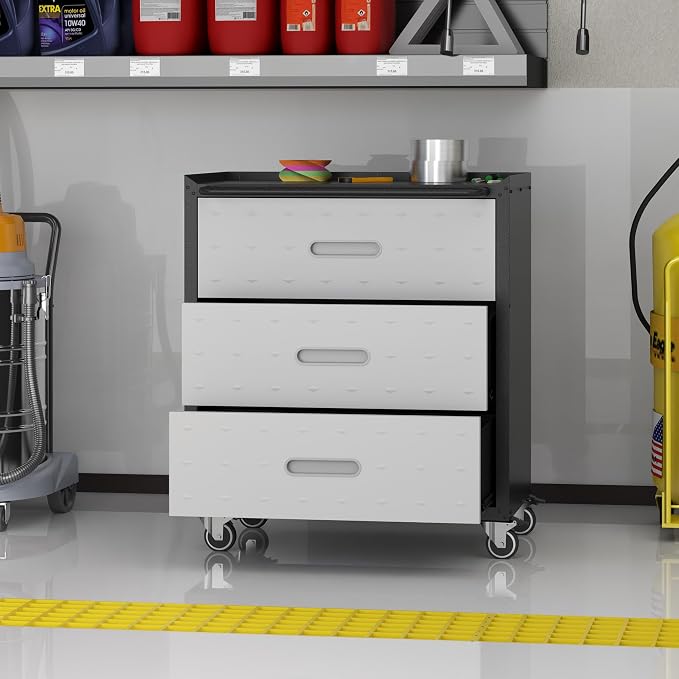 Metal Storage Cabinet for Garage, Tool Cabinet, Utility Cabinet | Wheeled, Rolling Tool Cabinet, 3 Drawer, Top Countertop, Assembly Required, Black & Grey