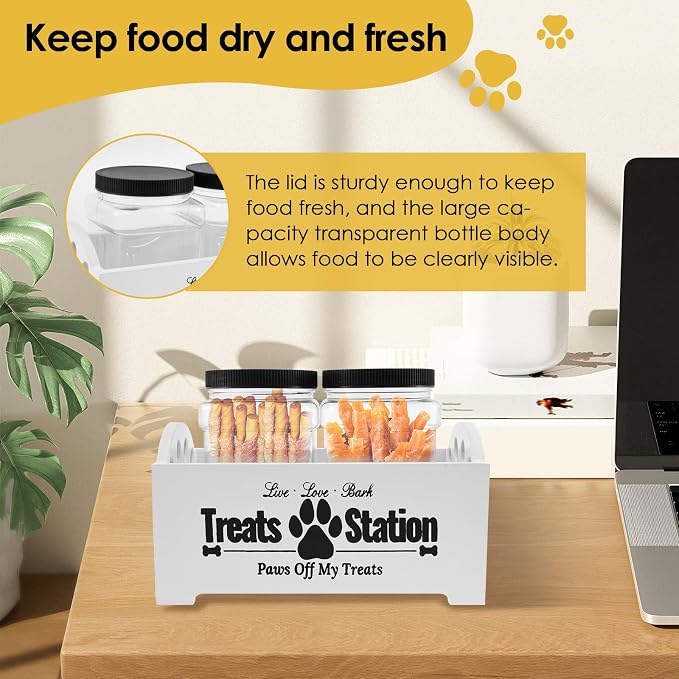 Dog Treat Container With 2 Plastic Jars, Farmhouse Pet Food Storage Organizer for Dogs and Cats (White)