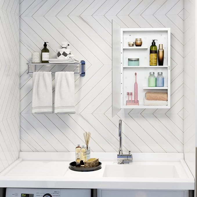 White 16x26 Medicine Cabinet, Beveled Mirror & Adjustable Staggered Shelves | Recessed or Surface Mount Bathroom Cabinet with Adjustable Staggered Shelves, Piano Hinge, Left/Right Swing & Fully Assembled
