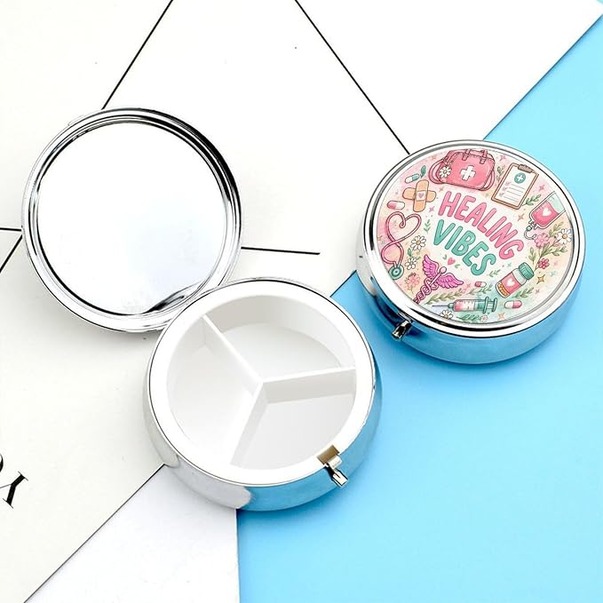Healing Vibes with Pastel Blooms Round Pill Box with 3 Compartments, Portable Travel Pill Organizer with Spring Snap Closure for Vitamins Supplements Fish Oil