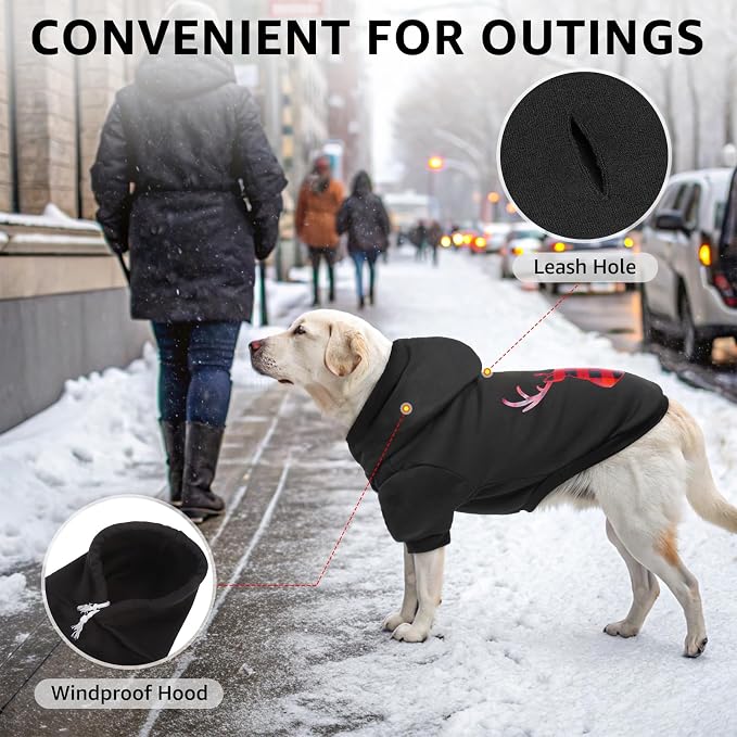 SCENEREAL Christmas Dog Hoodie with Leash Hole, Warm & Soft Fleece Pet Sweater & Sweatshirt for Small Medium Large Dogs, Xmas Elk Print Pets Clothes Cold Weather Costume, L