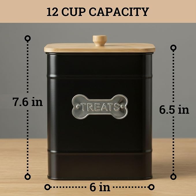 Dog Treat Container Airtight, 6"W x 8"H, Powder Coated, 12 Cup Capacity | Fits All Popular Treats, 12 Cup Capacity, Airtight Bamboo Lid, Easy Open Lid, Dent-Resistant Durable Metal