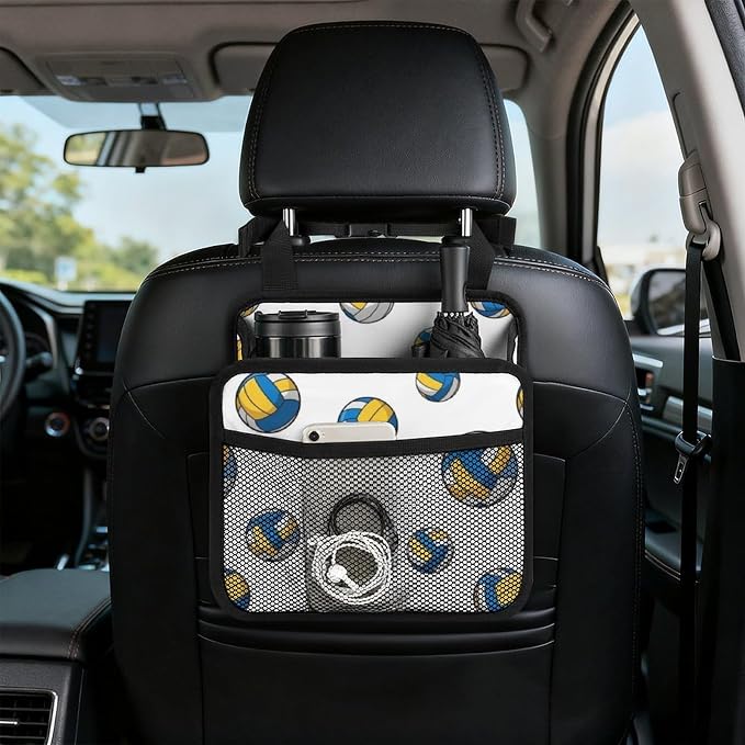 Car Seat Back Organizer Pu Leather Vehicle Backseat Storage Box, Yellow | Blue White Volleyball, Auto Hanging Pouch with Adjustable Strap PU Leather Trash Bags Travel Accessories