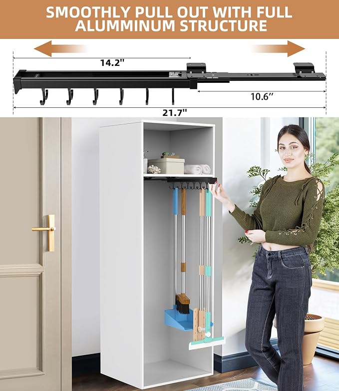 Pull Out Broom Holder With Adjustable Double Row Sliding Hook-Black 14.17in | High Load Capacity, Multifunctional Slide Broom And Mop Storage/Garage Organization Hooks, for Closet Laundry, kitchens