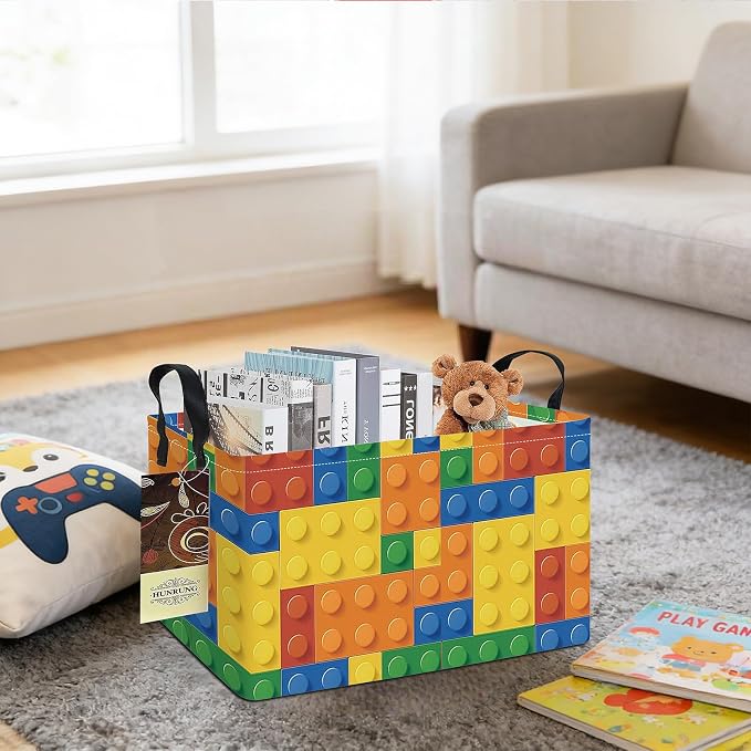 Rectangle Foldable Storage Basket Handles For Home, Colorful Blocks | Waterproof canvas material, reinforced handles, perfect for shelf use, organizes clothes, daily items and pet supplies