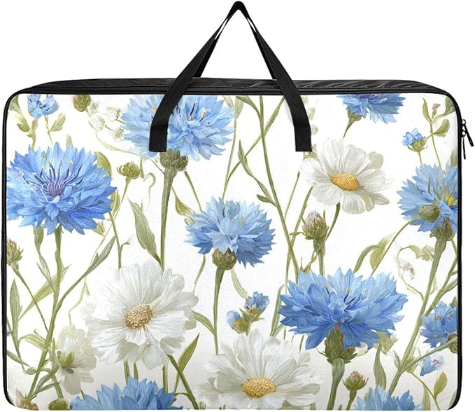 Comforter Storage Bags Large Folding Blanket Organizer Bag with Strong Handles Clear Window Closet Storage Containers for Clothes King Queen Pillows Bedding Quilt Duvet Blue Cornflowers Butterf