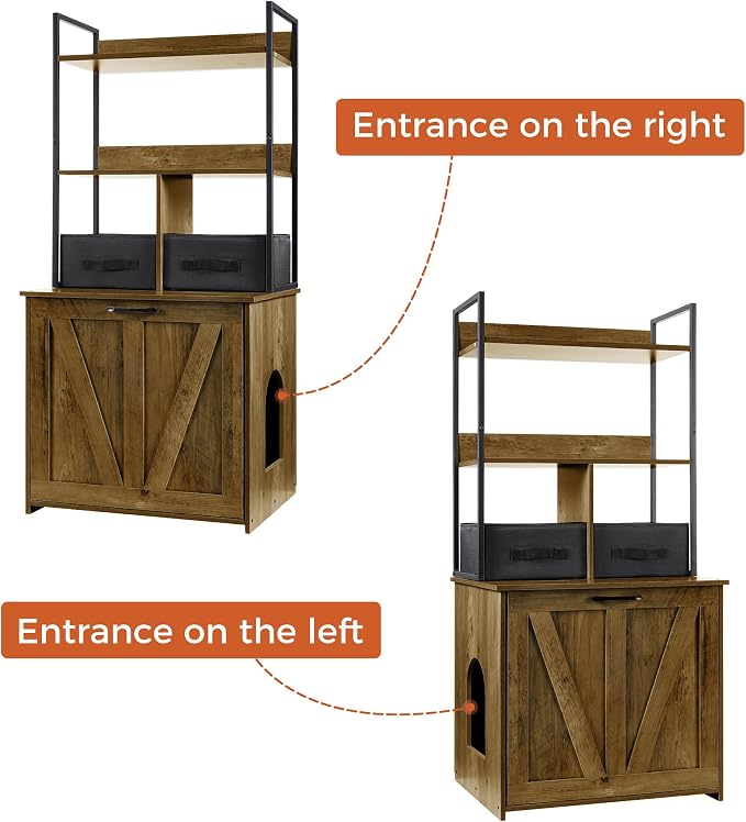 Dwanton Cat Litter Box Enclosure, 2 Storage Shelves and 2 Drawers, 50" H | 2-in-1 Hidden Cat Litter Box Enclosure Furniture with Shelf, Metal Frame, Reversible Entrance, Washable Drawers, Warm Brown