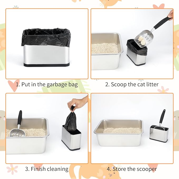 Metal Litter Scoop with Holder, Cat Litter Scooper and Caddy Set | Aluminum Sifting Shovel, Stainless Steel Holder, Black Grip, Removable Base, 12 x 4 x 1.5 in Scoop, 8.5 x 3 x 5.5 in Caddy