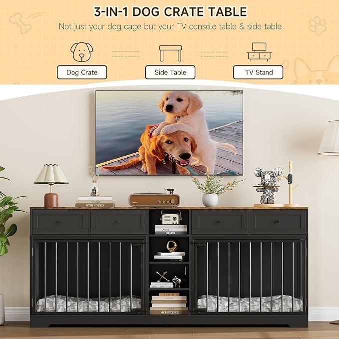 82" Large Double Dog Crate Furniture for 2 Dogs - Indoor Heavy Duty Wooden Kennel with 4 Storage Drawers, 4 Shelves, TV Stand Divider, Pet Bed Sofa for Large Breeds, Classic+Black