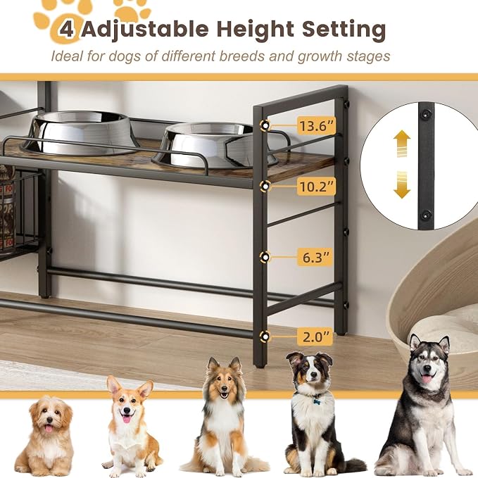 Lomivra Dog Feeding Station with 2 Elevated Bowl Stands & Large Storage | For 2-3 Dogs, 4 Adjustable Bowl Heights, Fit Large Medium Small Dogs, Fit All Bowl Types, Pull-Out Toy Bin, Dog Food Storage