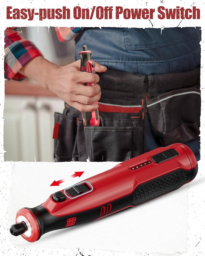 AVID POWER Cordless Rotary Tool 8V Rechargeable Rotary Tool, 4 Front LED Lights, 5 Speeds, 60 Pcs Rotary Tool Accessories with Bag for Carving, Engraving, Sanding, Polishing and Cutting (Dark Red)