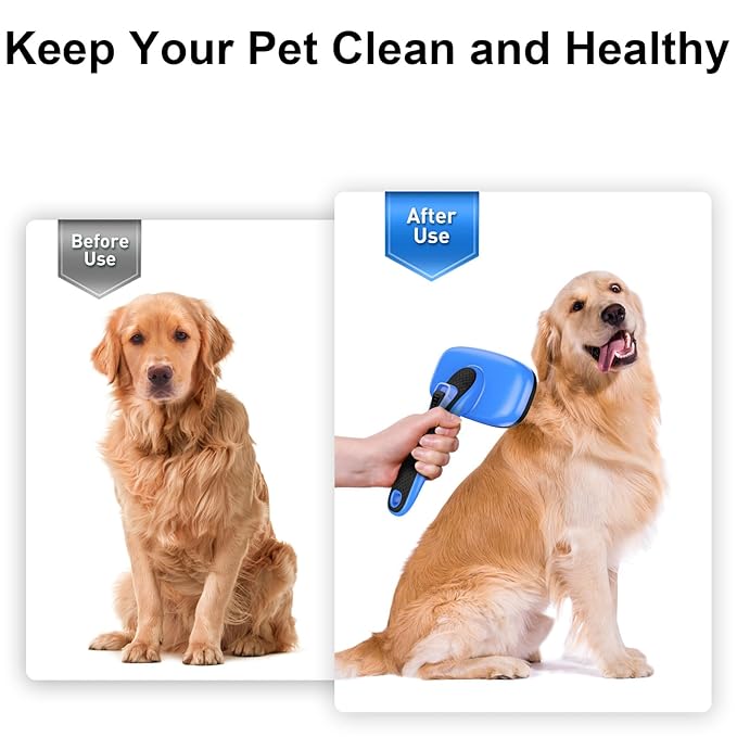 Self Cleaning Slicker Brush for Dog, Cat, Skin Friendly Shedding & Grooming Tool for Long and Short Haired Pets, Easy Clean Retractable Bristles, Blue