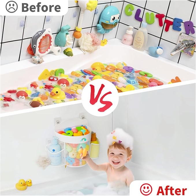 Austion Hanging Bath Toy Storage - Large Opening Quick Dry Mesh Bath Toy Holder with 2 Side Pockets and Bottom Zipper, Space-Saving Bath Toy Organizer for Kids Bathtubs - White