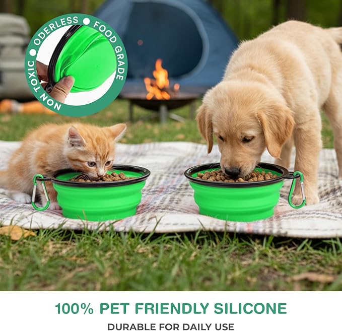 Collapsible Dog Bowls for Travel, Green | Portable Dog Water & Food Bowl for Dogs and Cats, Foldable Pet Feeding Dish, Walking Hiking Camping, Carabiner, BPA Free