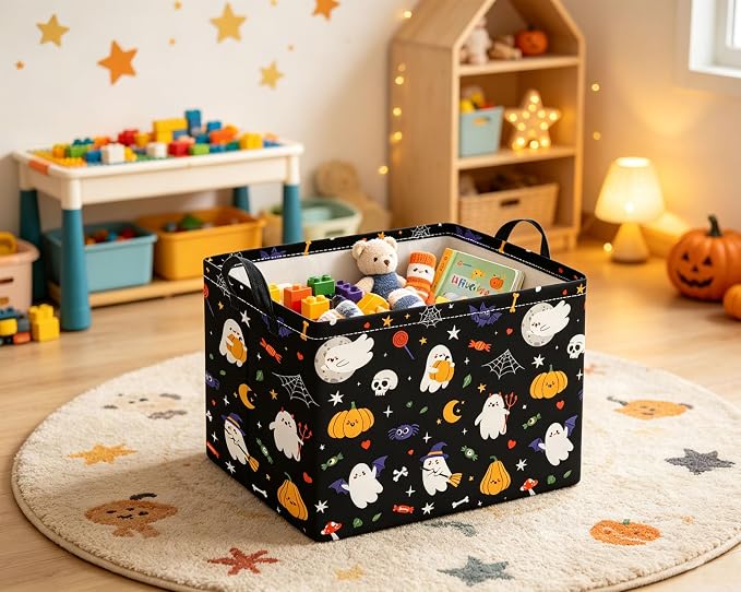 Rectangular Halloween Basket for Boys and Girls Kids Trick or Treat Pumpkin Basket for Halloween Parties Cute Storage Bin Organizer Box Room Decor(Black Halloweens)